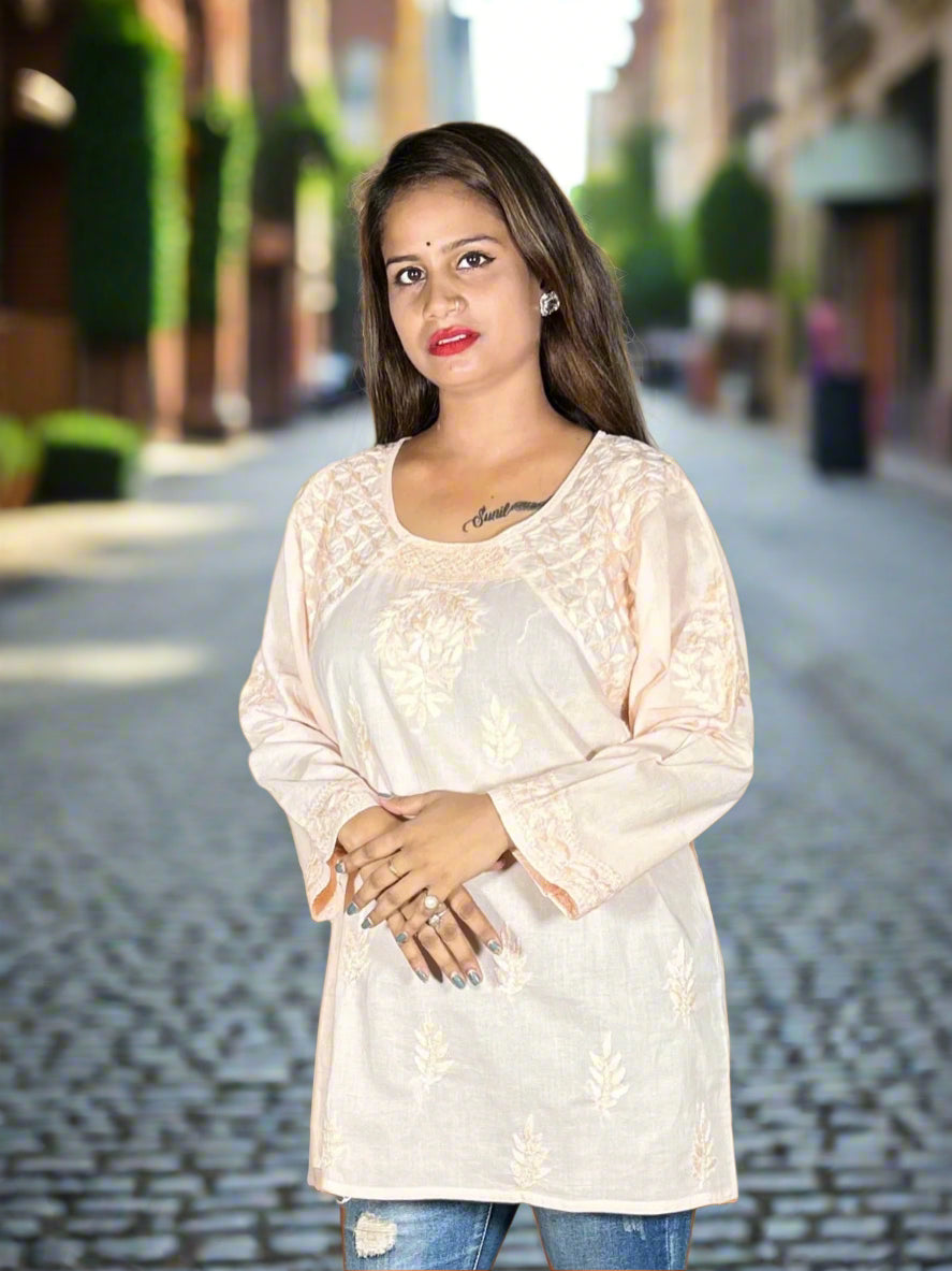 Lucknowi Chikankari Fawn Cotton Short Kurti-T40009