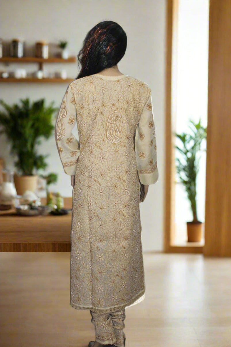 Lucknowi Chikankari Fawn Cotton 3 Piece Kurta-Chudidar Pyjama-Dupatta Set-PJ00004