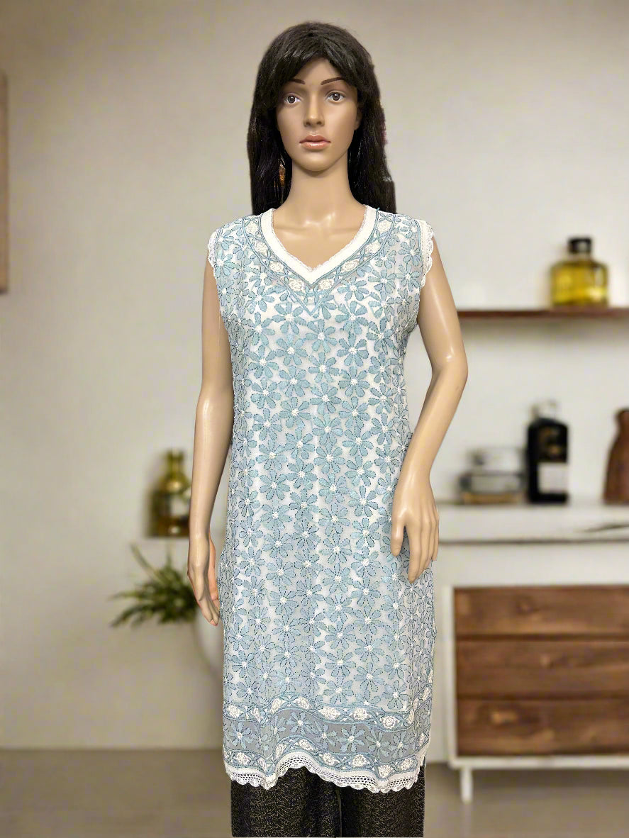 Lucknowi Chikankari White Georgette Short Kurti-T50014