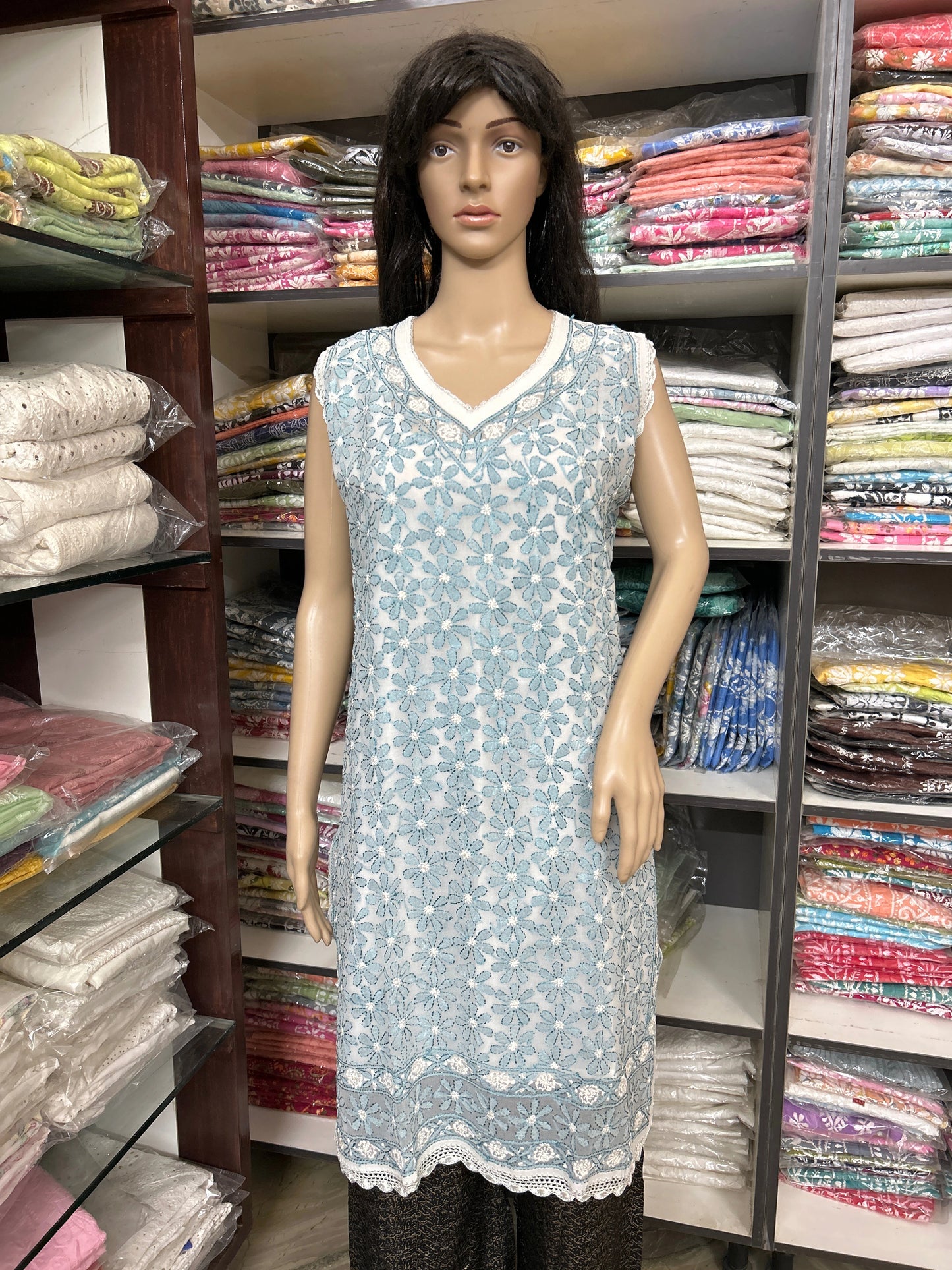 Lucknowi Chikankari White Georgette Short Kurti-T50014