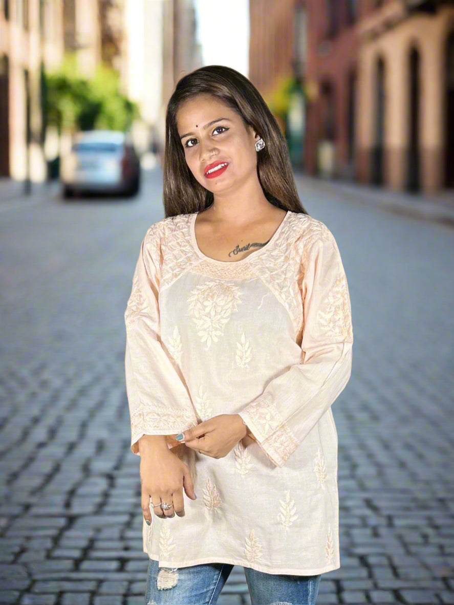 Lucknowi Chikankari Fawn Cotton Short Kurti-T40009