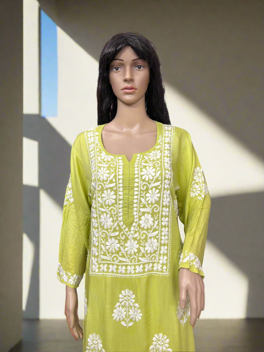 Lucknowi Chikankari Lime Green 'Bahar' Modal Kurti-K70012