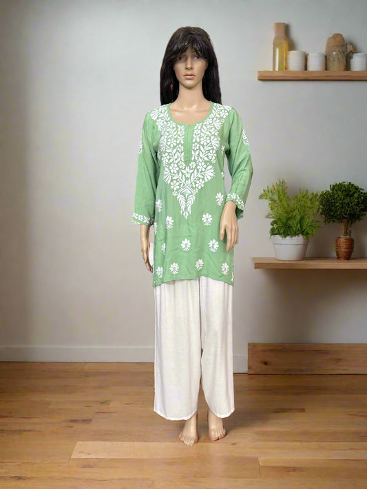 Lucknowi Chikankari Green Modal Short Kurti-T30006