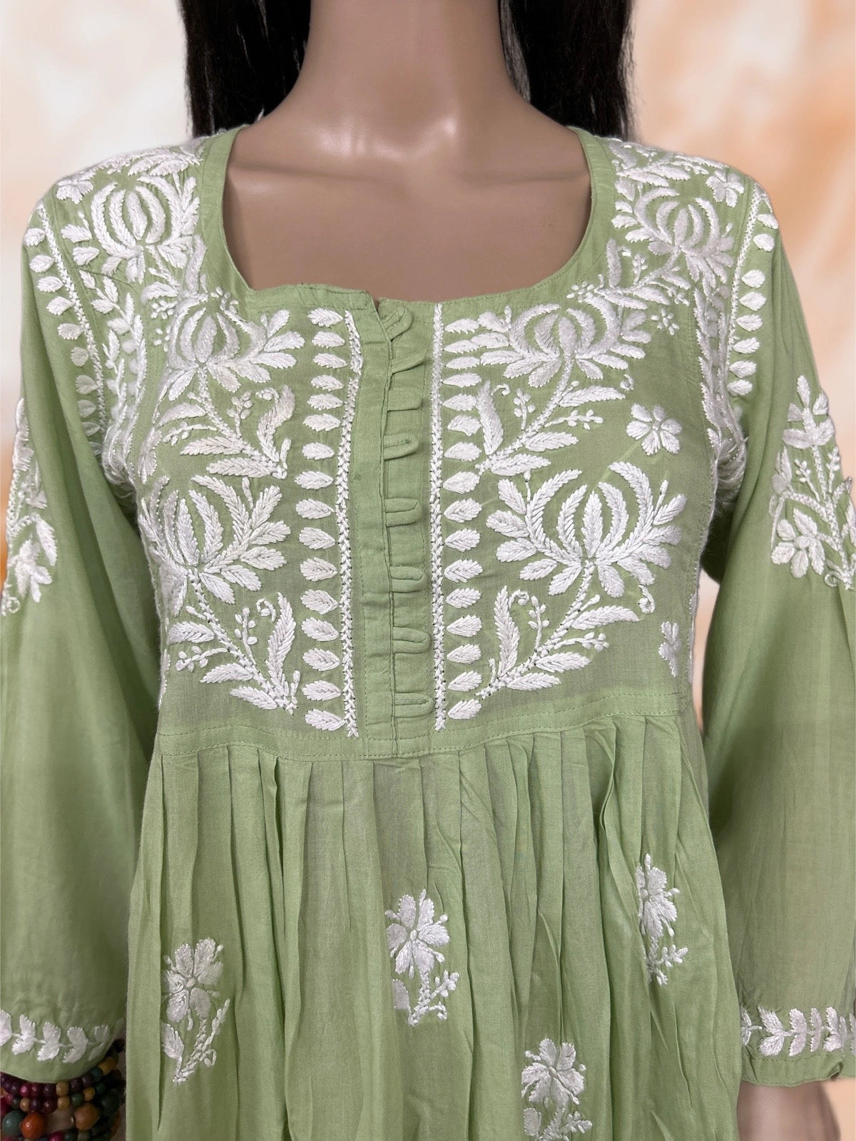 Lucknowi Chikankari Green 'Bahar' Modal Short Kurti-T000031