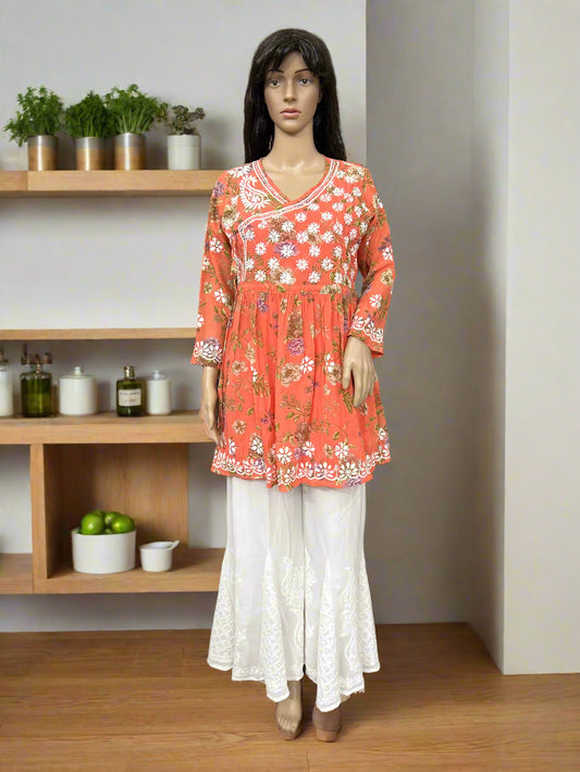 Lucknowi Chikankari Peach Printed Georgette Angrakha Styled Short Kurti-T50012