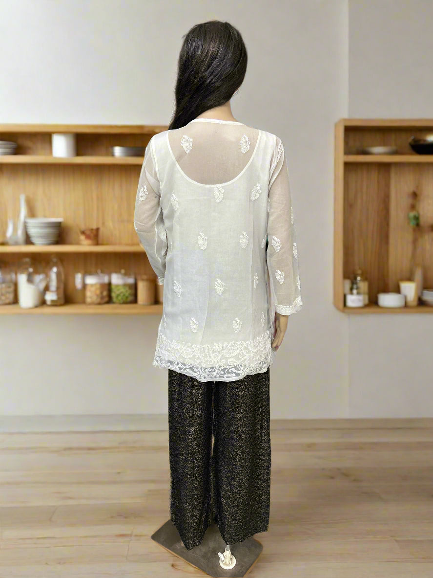Lucknowi Chikankari White Georgette Short Kurti-T000058