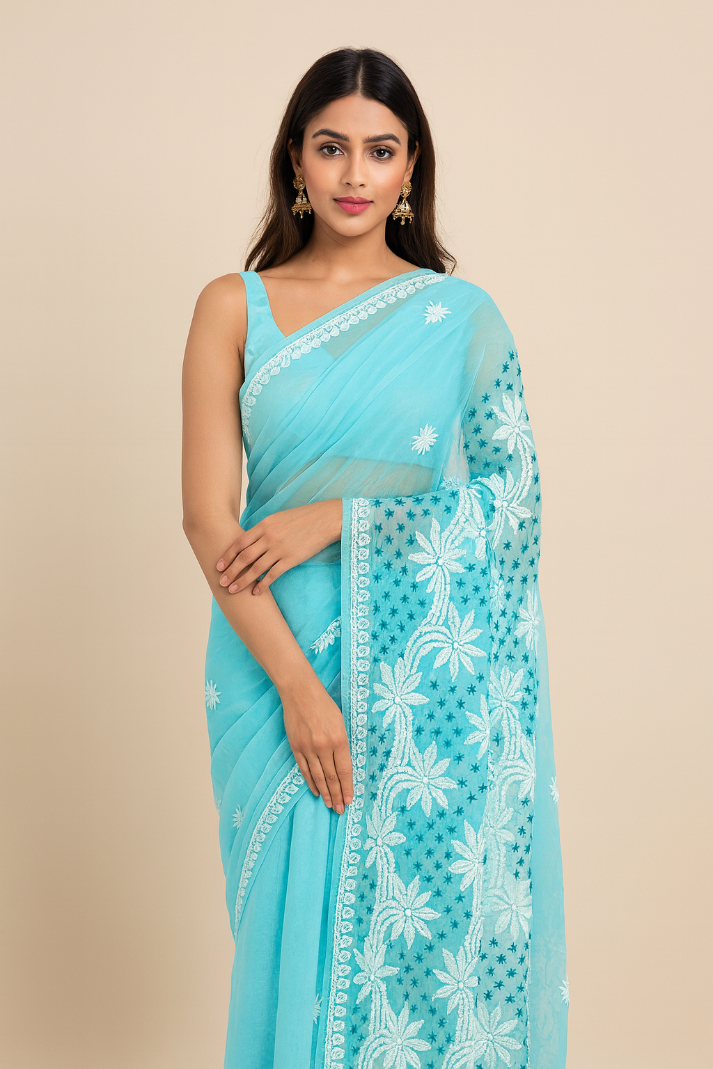 Lucknowi Chikankari Blue 'Aab-e-Asmaan' Georgette Saree (With Blouse)-S00037