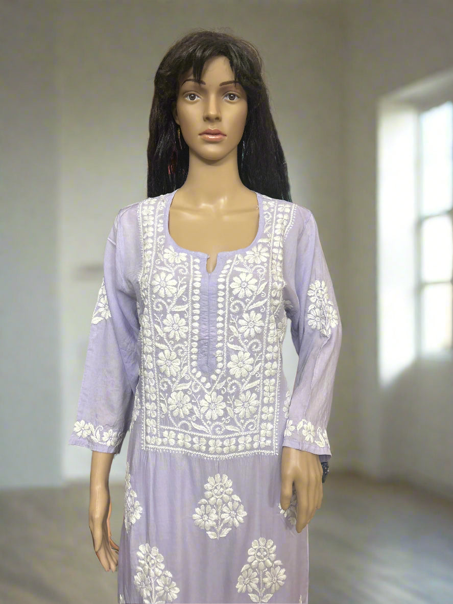 Lucknowi Chikankari Lavender Modal Kurti-K000148