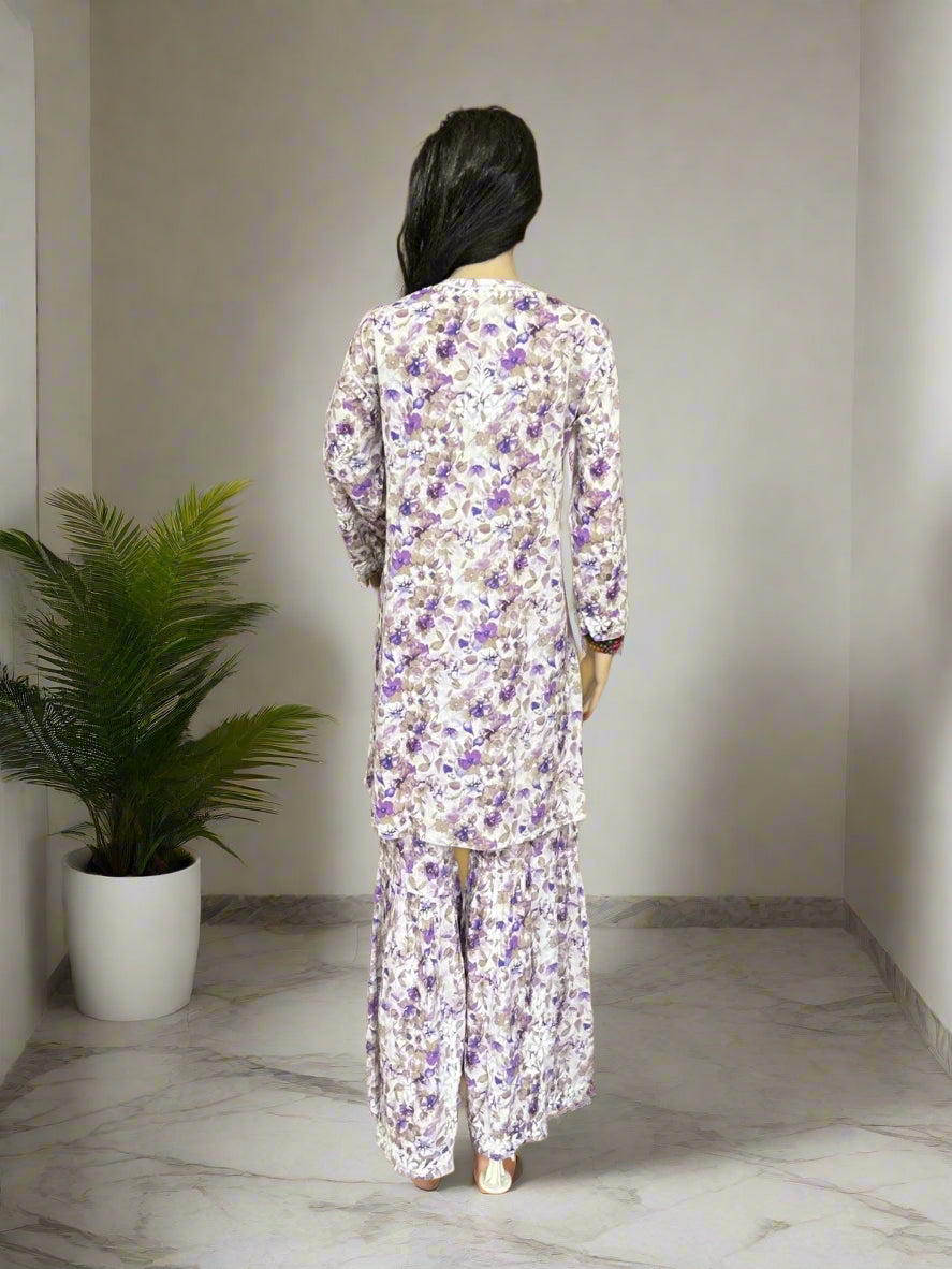 Lucknowi Chikankari Purple Printed Cotton Kurta Bottom Set-Kb00001