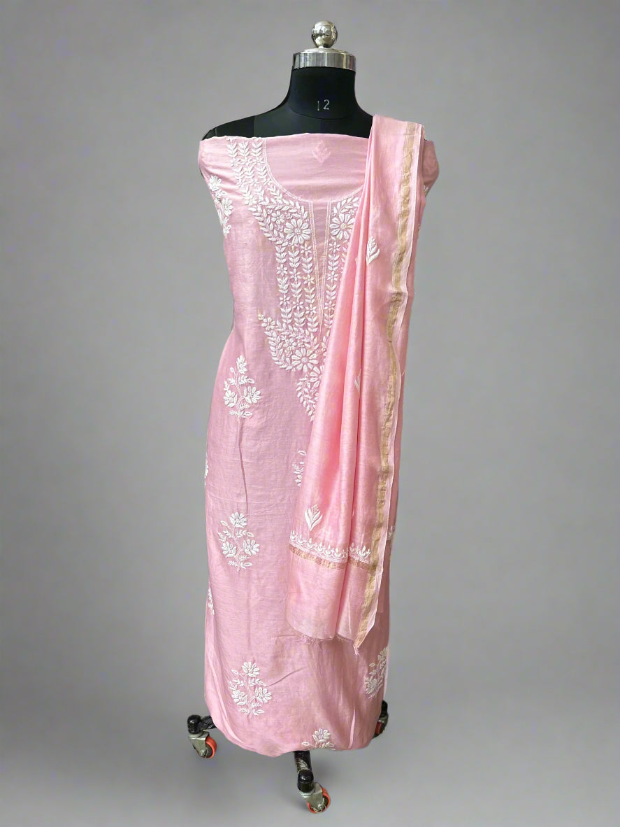 Lucknowi Chikankari Unstitched Pink Chanderi Kurta-Dupatta Fabric-PG400056