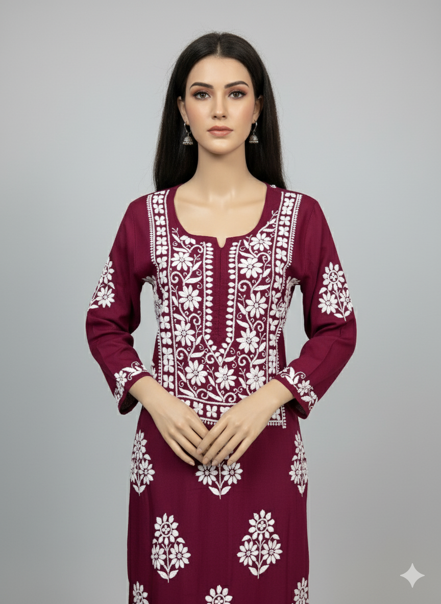 Lucknowi Chikankari Maroon Modal Kurti-K000140