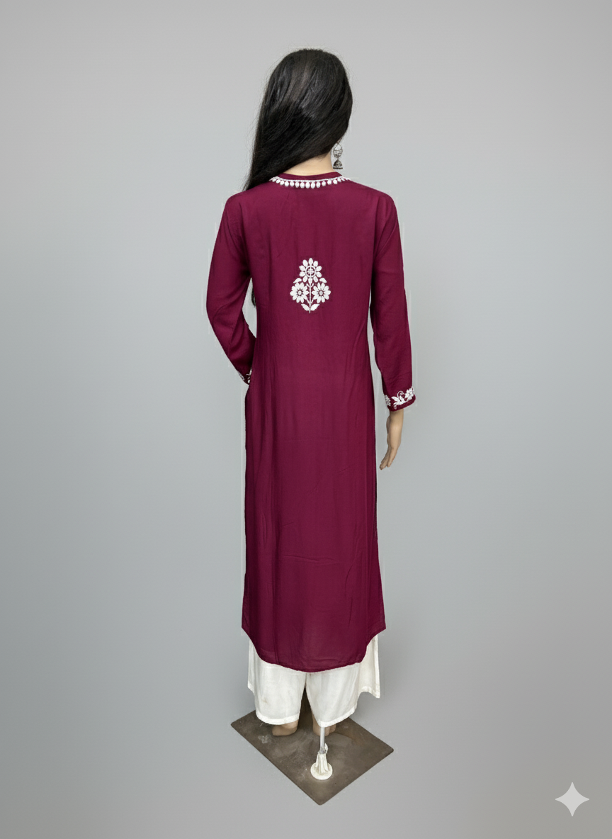 Lucknowi Chikankari Maroon Modal Kurti-K000140