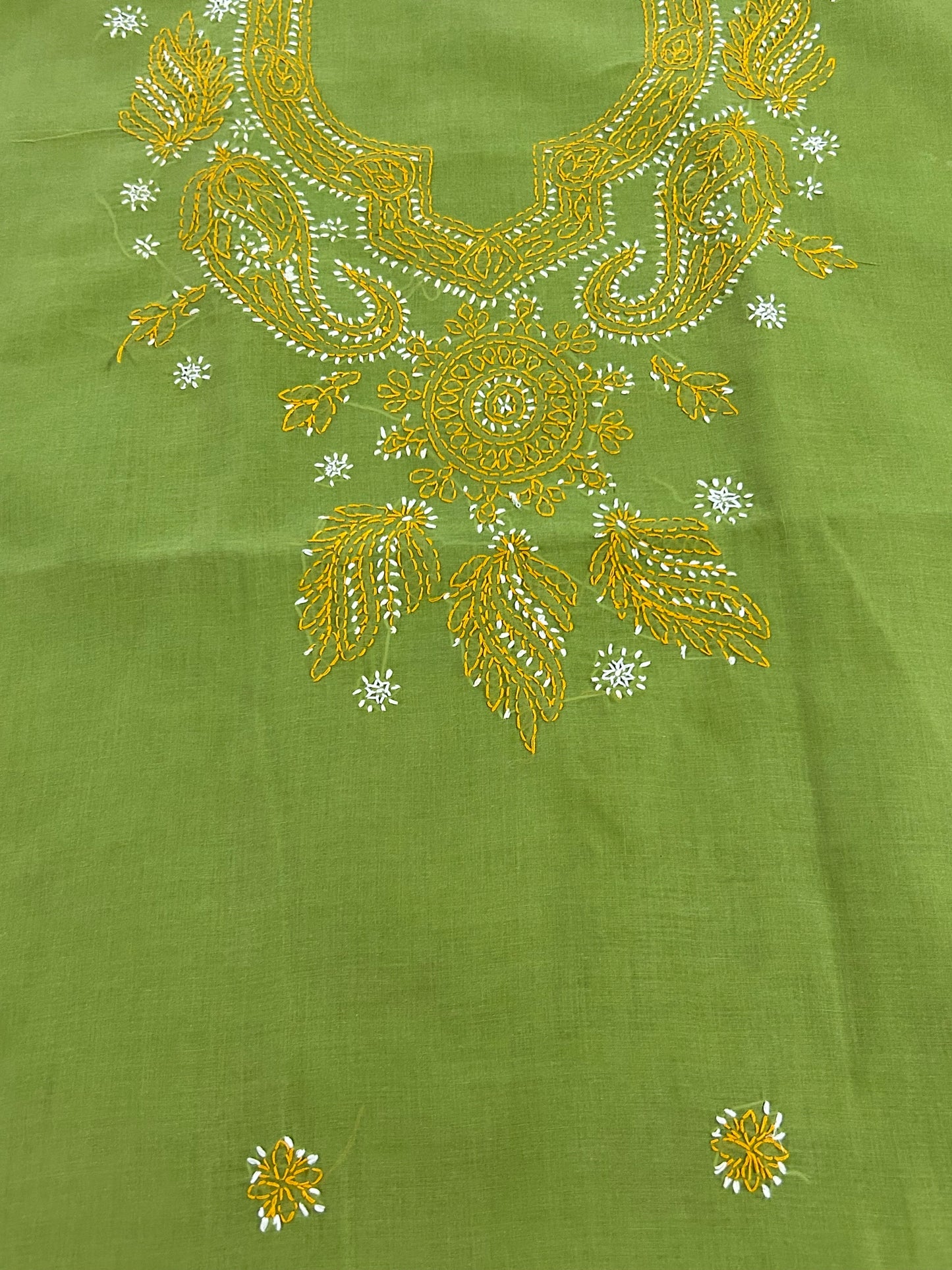 Lucknowi Chikankari Unstitched Green Cotton Kurta-Bottom-Dupatta Fabric-U30012
