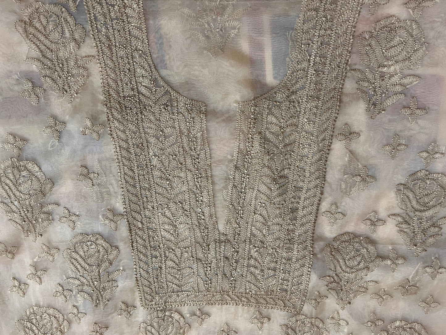 Lucknowi Chikankari Unstitched Golden Fawn Organza Kurta Fabric-PG100022