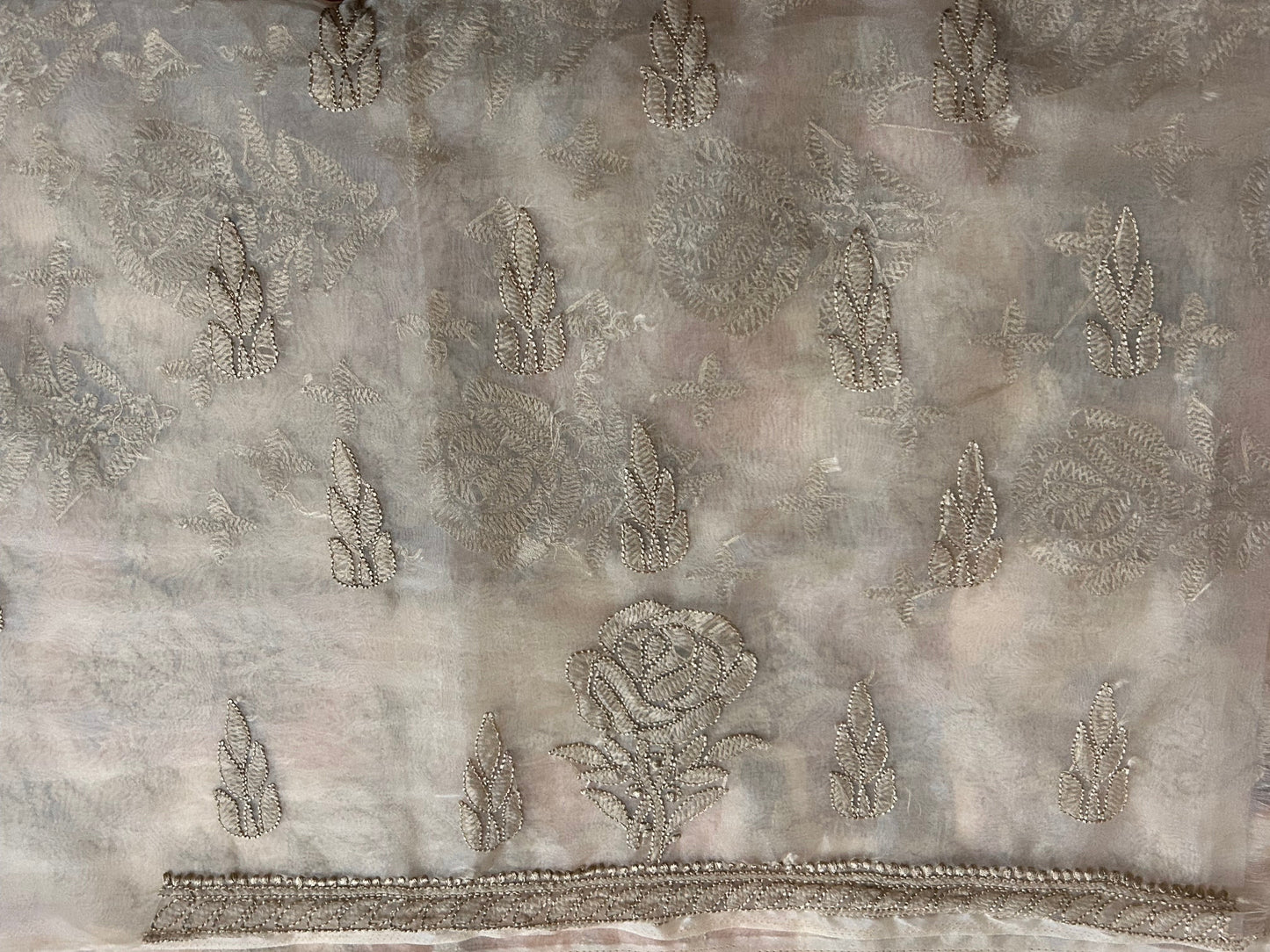 Lucknowi Chikankari Unstitched Golden Fawn Organza Kurta Fabric-PG100022