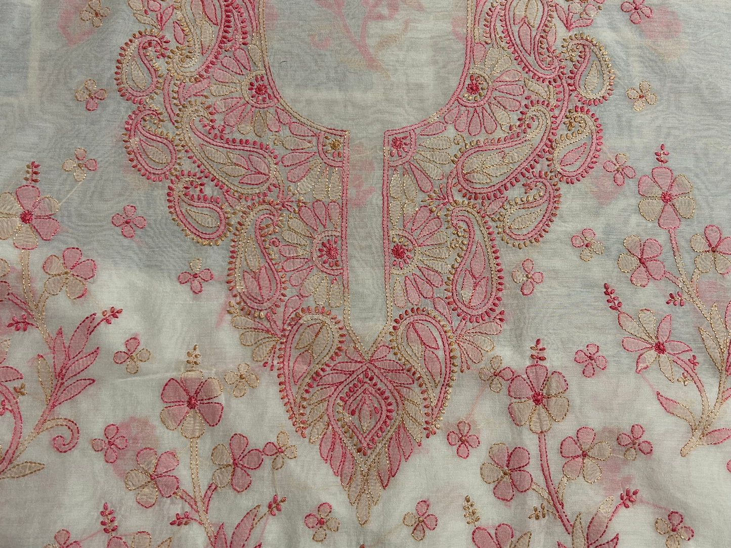 Lucknowi Chikankari Unstitched Cream Chanderi Kurta Fabric-U10023