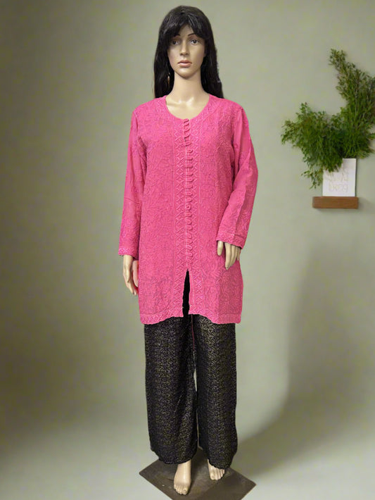 Lucknowi Chikankari Pink Viscose Short Kurti-T50016