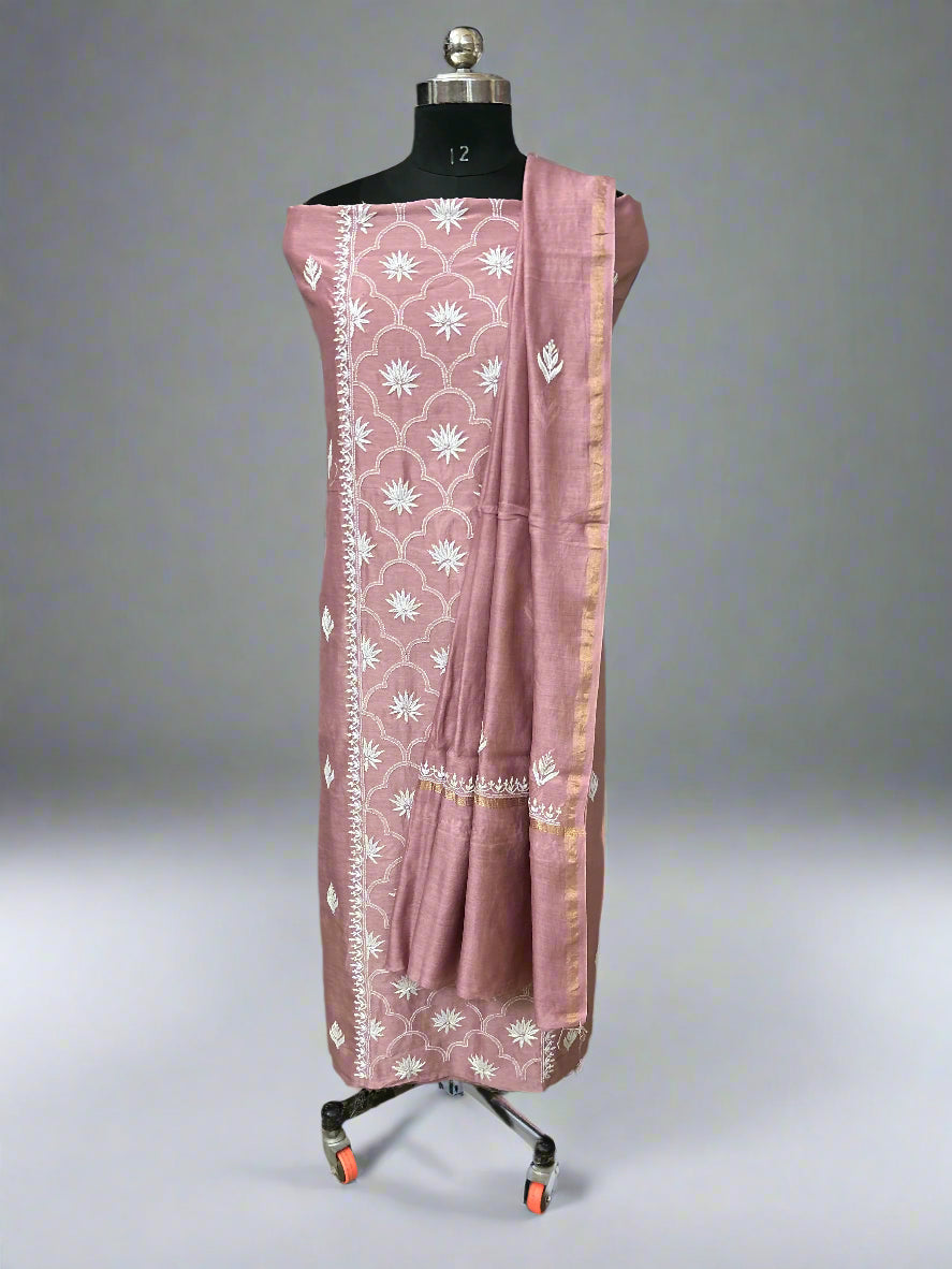 Lucknowi Chikankari Unstitched Pastel Pink Chanderi Kurta-Dupatta Fabric-PG400045