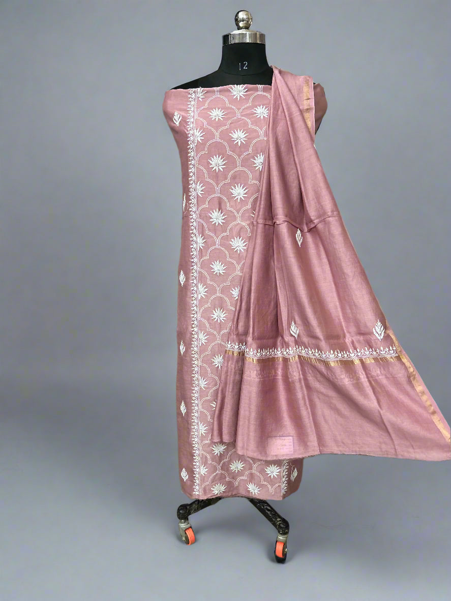 Lucknowi Chikankari Unstitched Pastel Pink Chanderi Kurta-Dupatta Fabric-PG400045