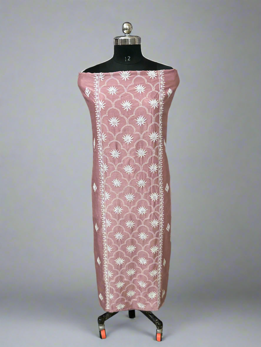 Lucknowi Chikankari Unstitched Pastel Pink Chanderi Kurta-Dupatta Fabric-PG400045