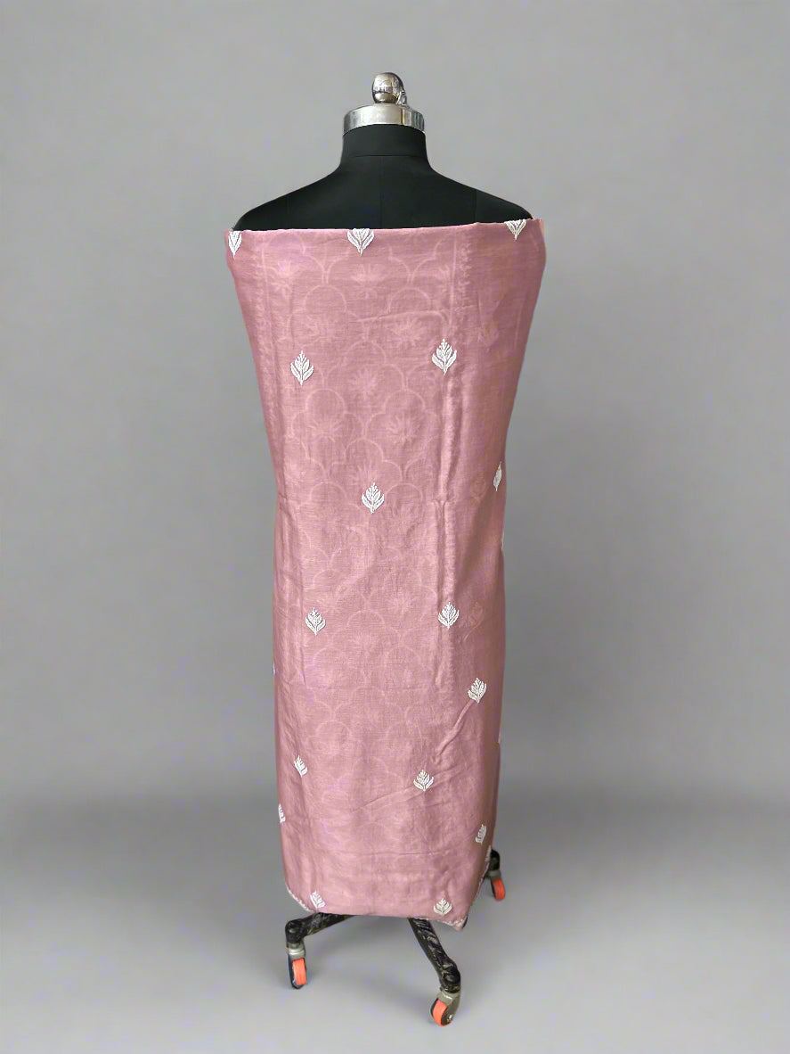 Lucknowi Chikankari Unstitched Pastel Pink Chanderi Kurta-Dupatta Fabric-PG400045