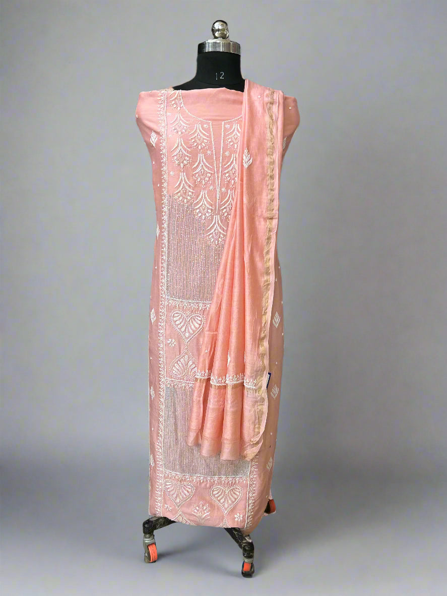 Lucknowi Chikankari Unstitched Peach Chanderi Kurta-Dupatta Fabric-PG400046