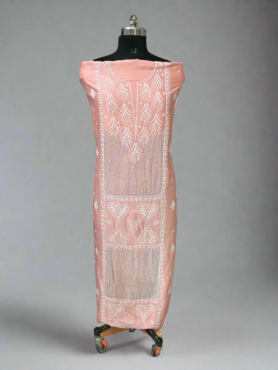 Lucknowi Chikankari Unstitched Peach Chanderi Kurta-Dupatta Fabric-PG400046