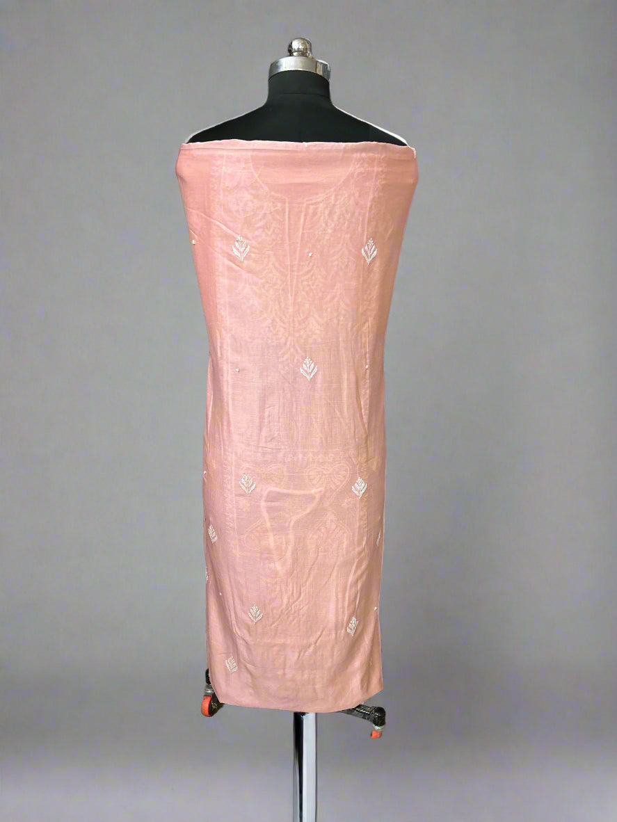 Lucknowi Chikankari Unstitched Peach Chanderi Kurta-Dupatta Fabric-PG400046