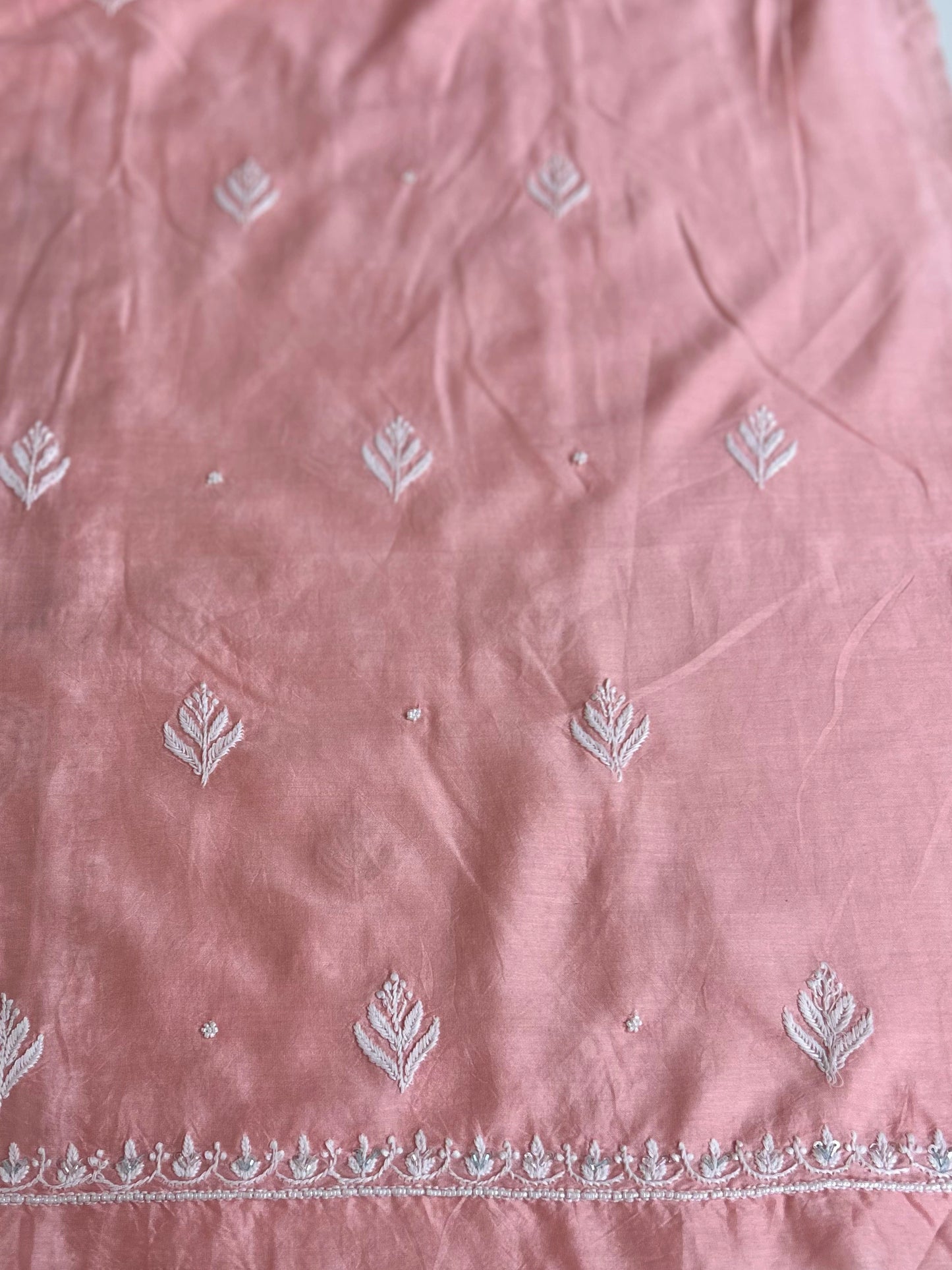 Lucknowi Chikankari Unstitched Peach Chanderi Kurta-Dupatta Fabric-PG400046