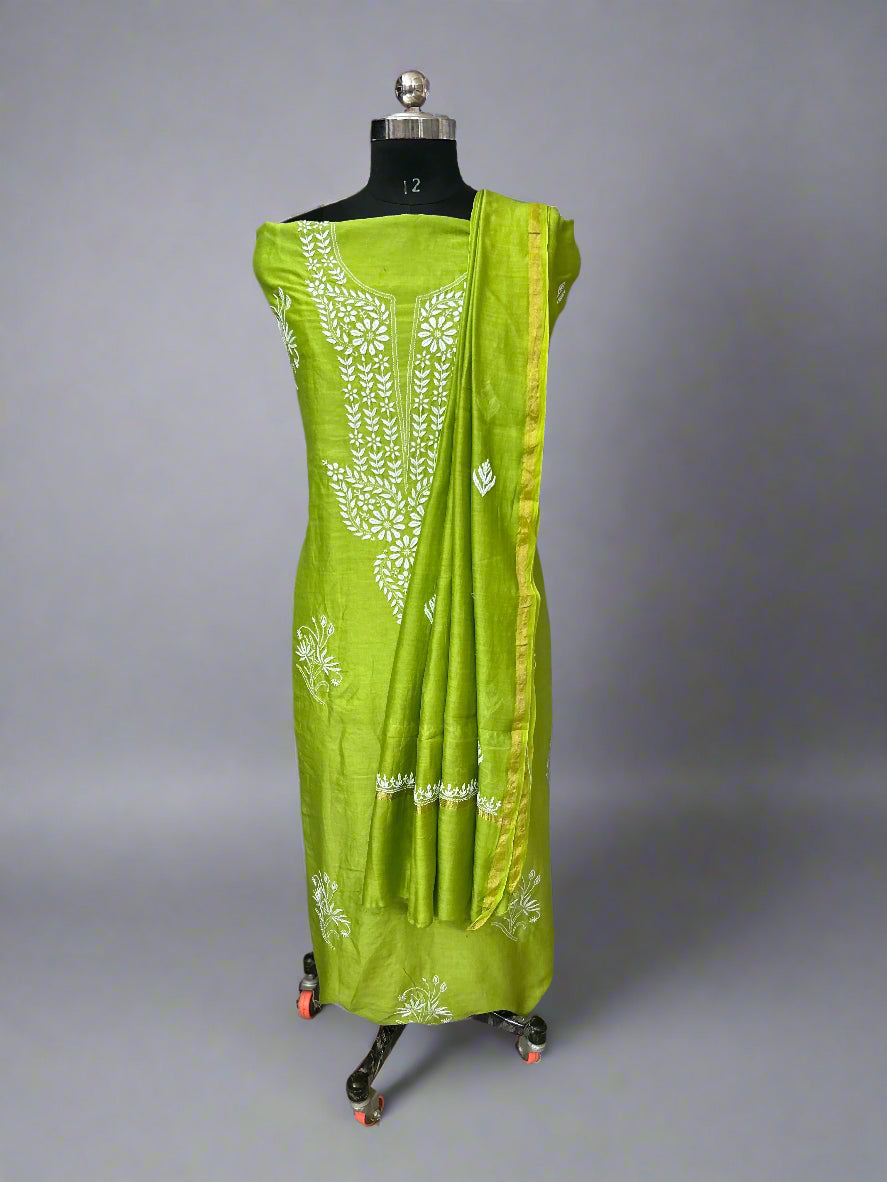 Lucknowi Chikankari Unstitched Neon Yellow Chanderi Kurta-Dupatta Fabric-PG400047