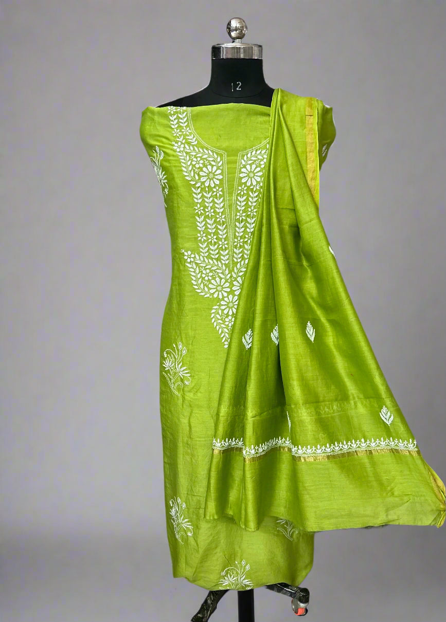Lucknowi Chikankari Unstitched Neon Yellow Chanderi Kurta-Dupatta Fabric-PG400047