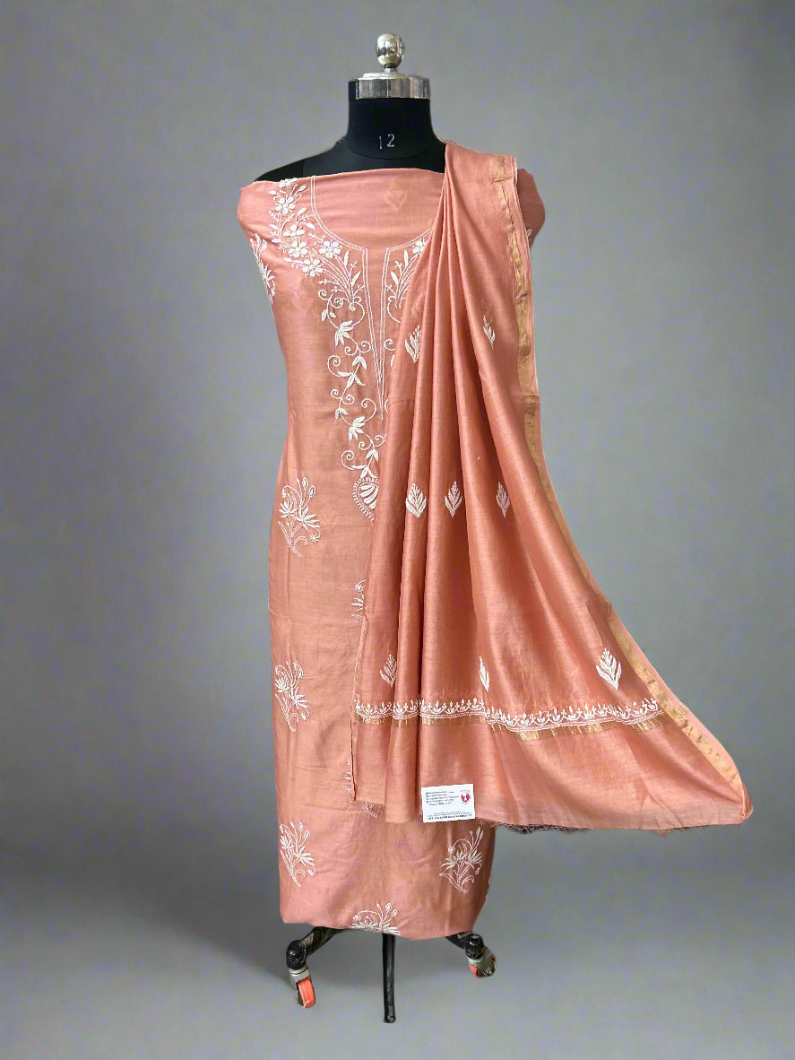 Lucknowi Chikankari Unstitched Peach Chanderi Kurta-Dupatta Fabric-PG400048
