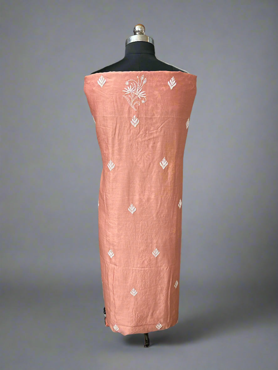 Lucknowi Chikankari Unstitched Peach Chanderi Kurta-Dupatta Fabric-PG400048
