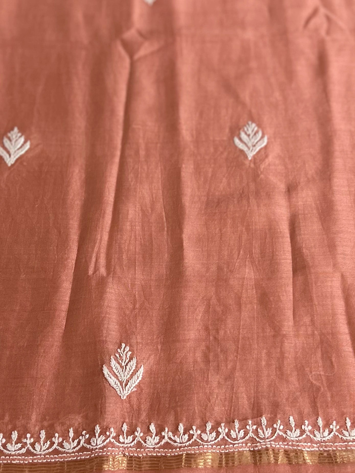 Lucknowi Chikankari Unstitched Peach Chanderi Kurta-Dupatta Fabric-PG400048