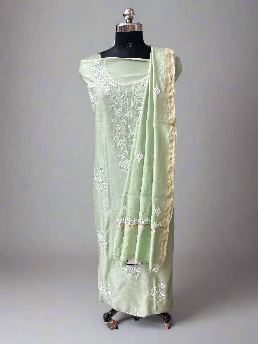 Lucknowi Chikankari Unstitched Green Chanderi Kurta-Dupatta Fabric-PG400049