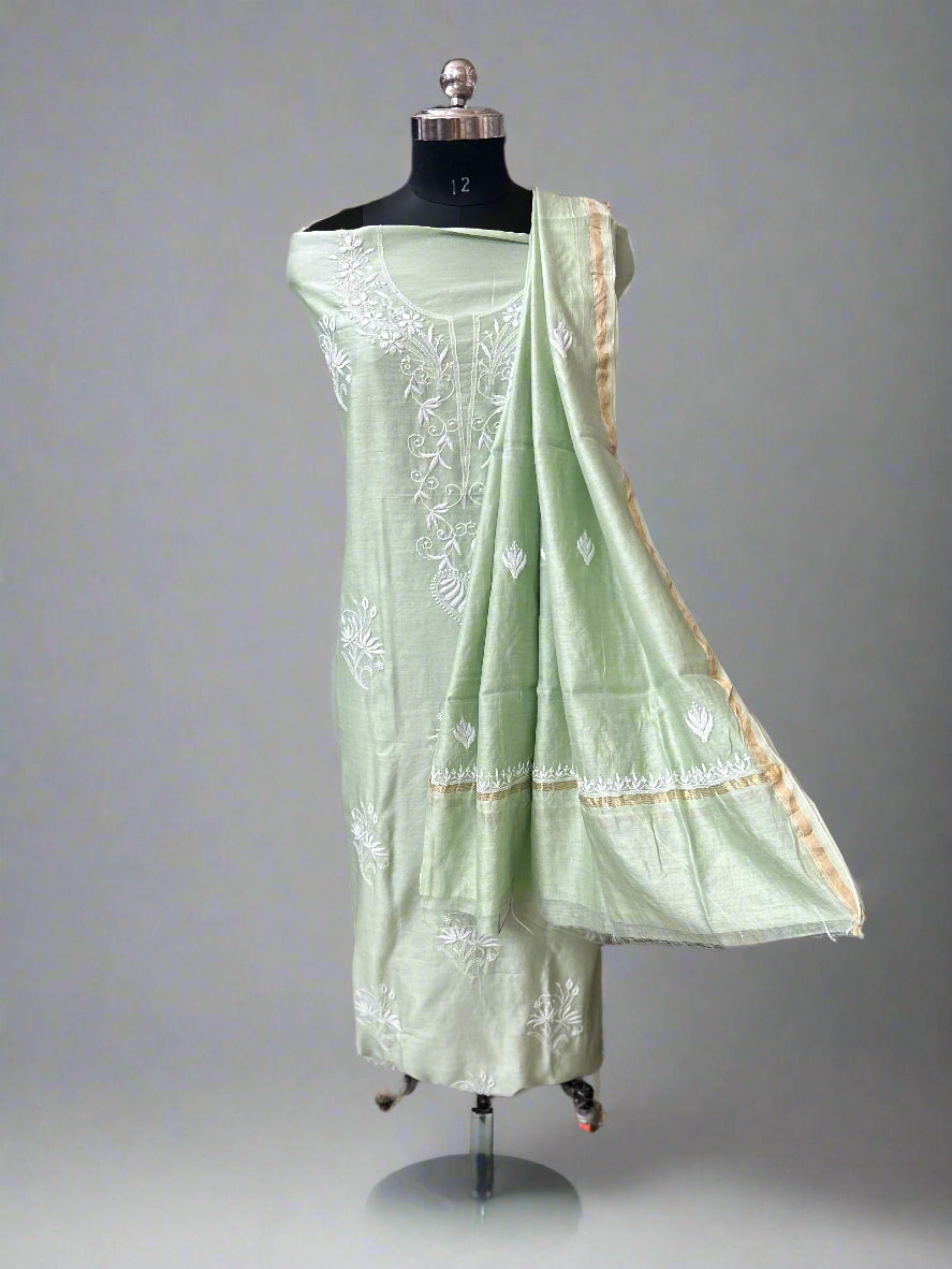 Lucknowi Chikankari Unstitched Green Chanderi Kurta-Dupatta Fabric-PG400049