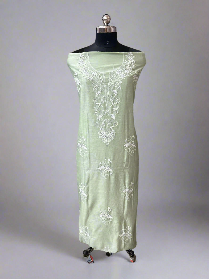 Lucknowi Chikankari Unstitched Green Chanderi Kurta-Dupatta Fabric-PG400049