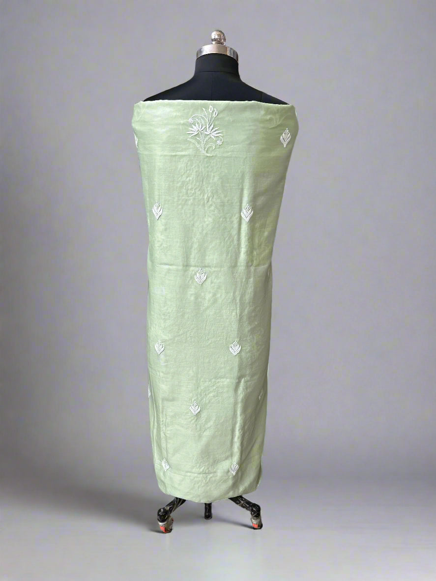 Lucknowi Chikankari Unstitched Green Chanderi Kurta-Dupatta Fabric-PG400049