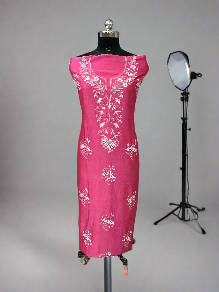 Lucknowi Chikankari Unstitched Dark Pink Chanderi Kurta-Dupatta Fabric-PG400052