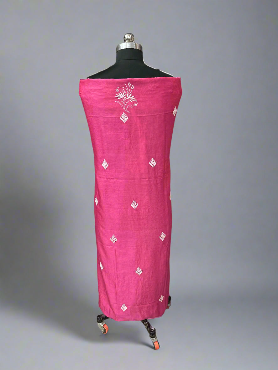Lucknowi Chikankari Unstitched Dark Pink Chanderi Kurta-Dupatta Fabric-PG400052