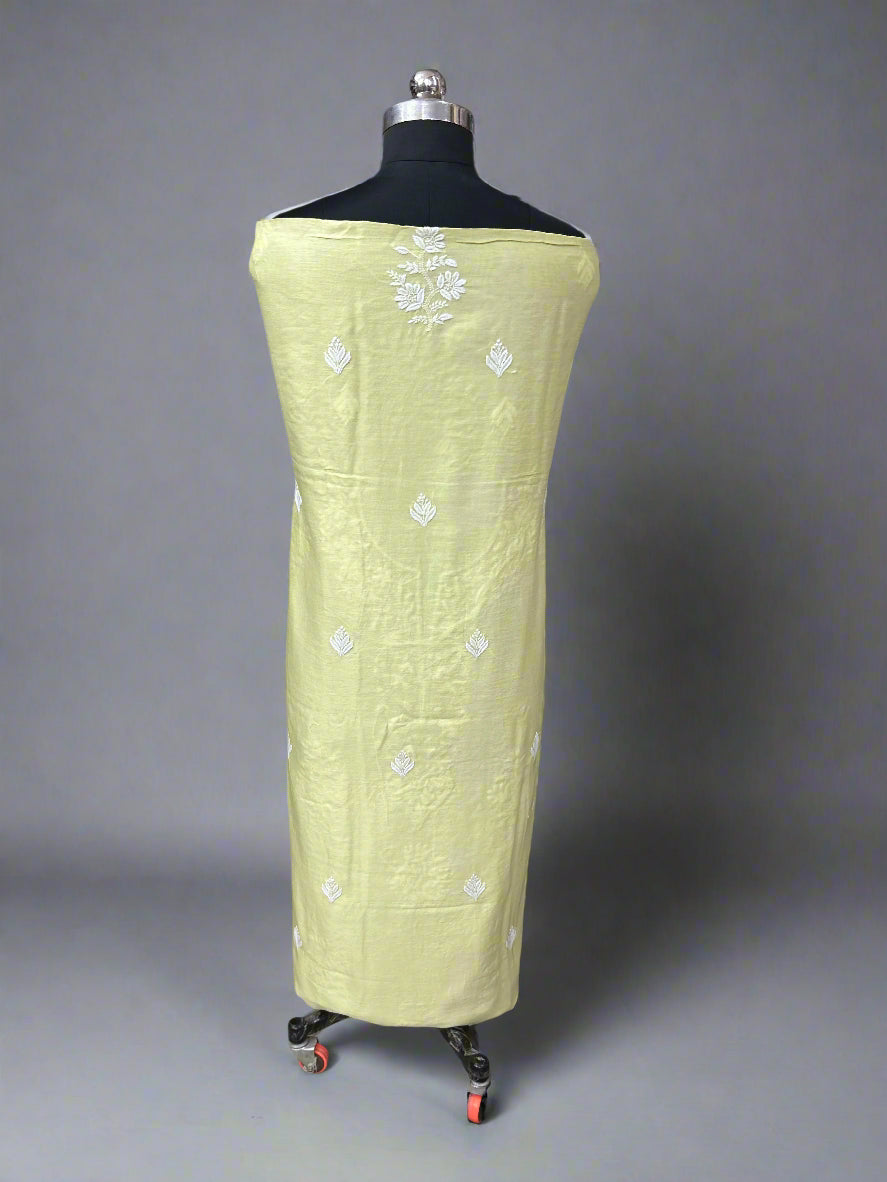 Lucknowi Chikankari Unstitched Greenish Yellow Chanderi Kurta-Dupatta Fabric-PG400050