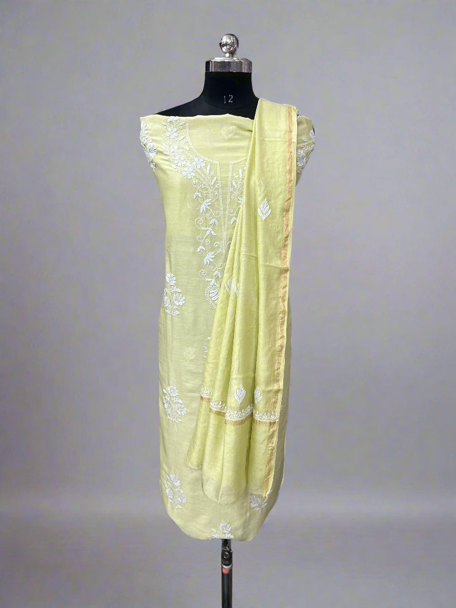 Lucknowi Chikankari Unstitched Greenish Yellow Chanderi Kurta-Dupatta Fabric-PG400050