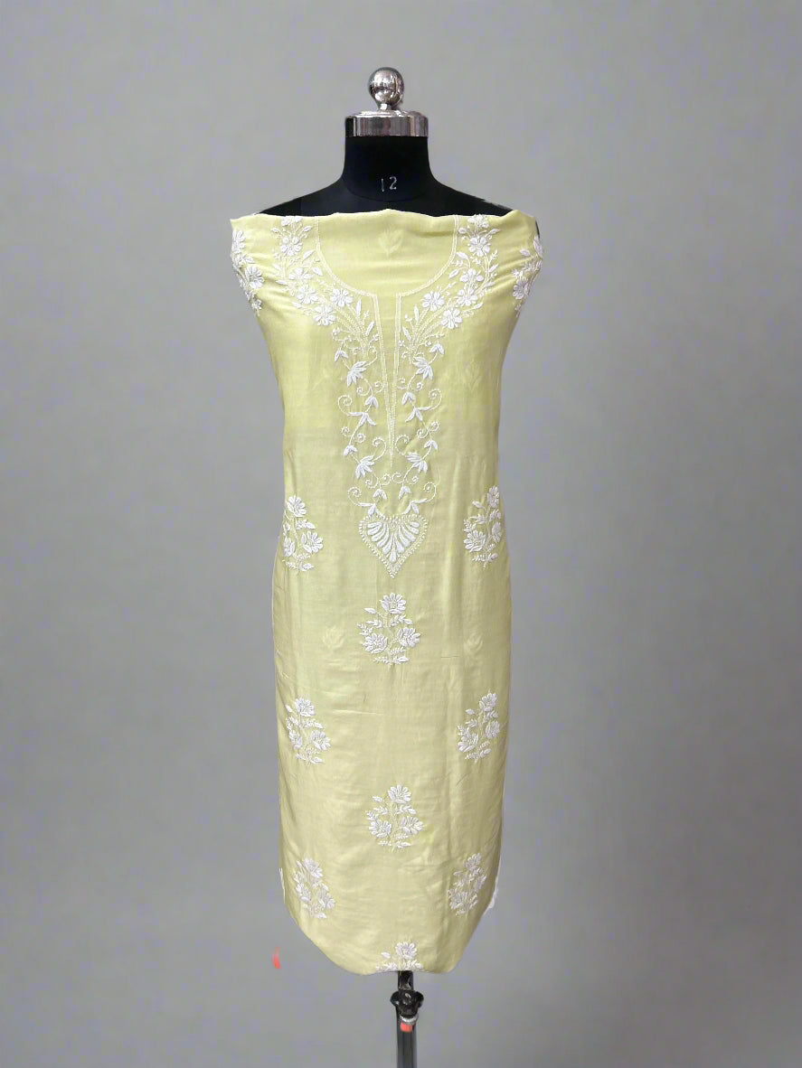 Lucknowi Chikankari Unstitched Greenish Yellow Chanderi Kurta-Dupatta Fabric-PG400050