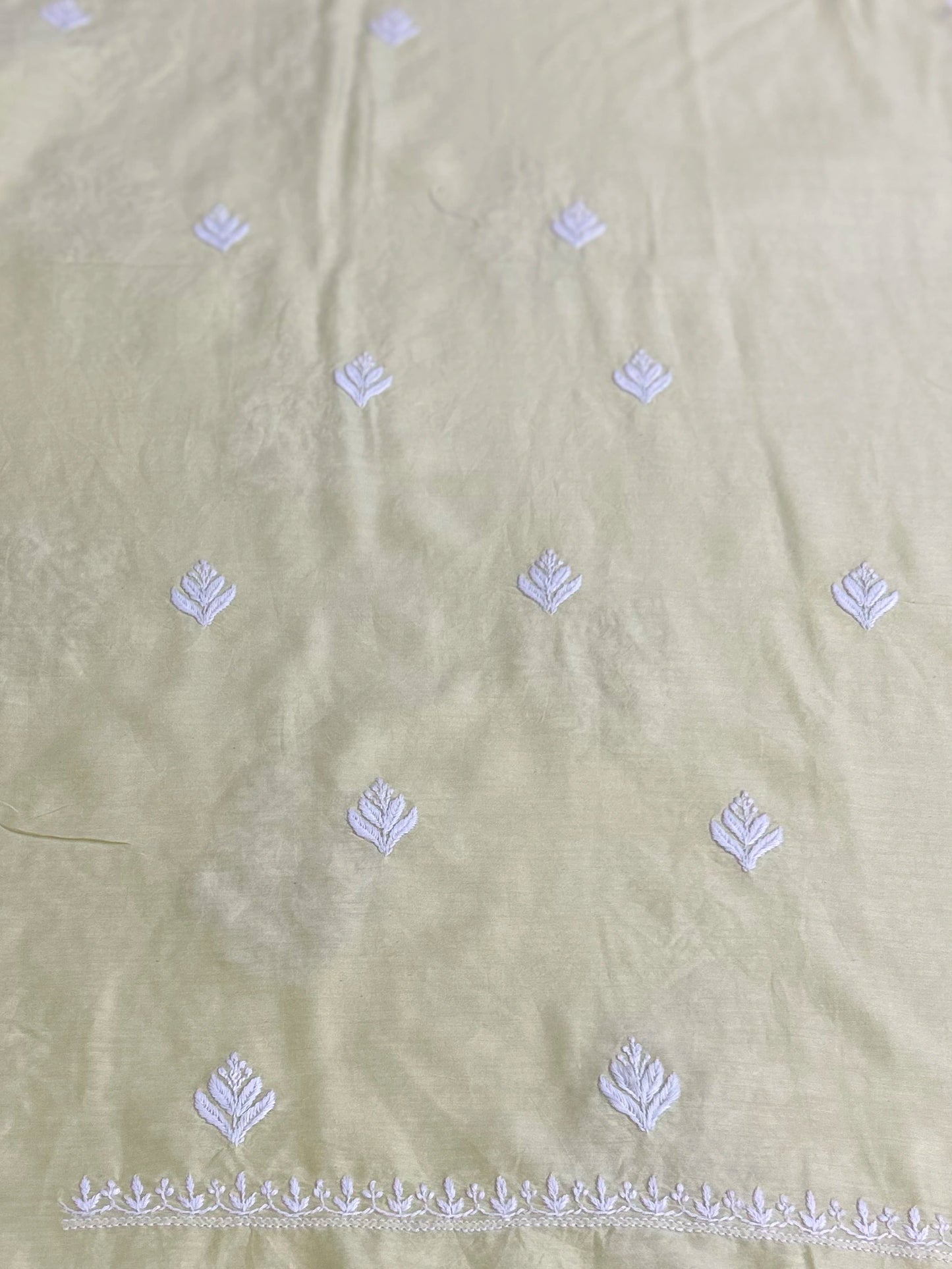 Lucknowi Chikankari Unstitched Greenish Yellow Chanderi Kurta-Dupatta Fabric-PG400050