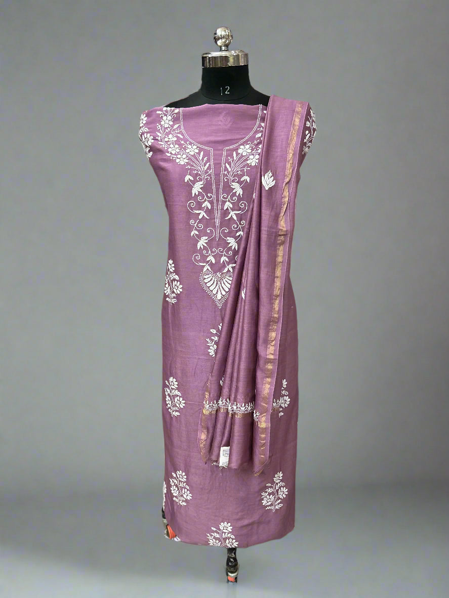 Lucknowi Chikankari Unstitched Mauve Chanderi Kurta-Dupatta Fabric-PG400051