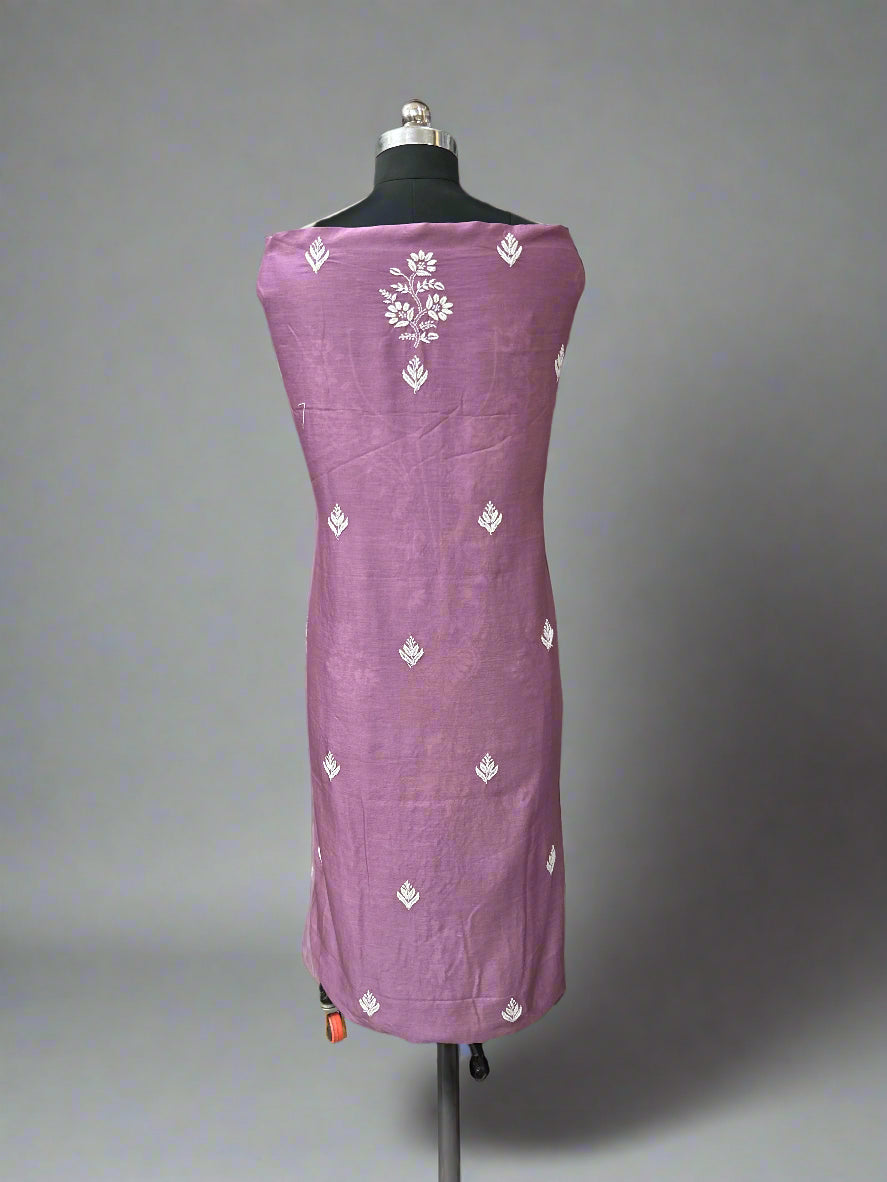 Lucknowi Chikankari Unstitched Mauve Chanderi Kurta-Dupatta Fabric-PG400051