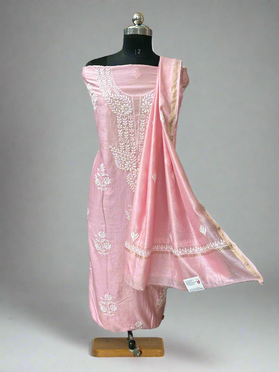 Lucknowi Chikankari Unstitched Pink Chanderi Kurta-Dupatta Fabric-PG400056