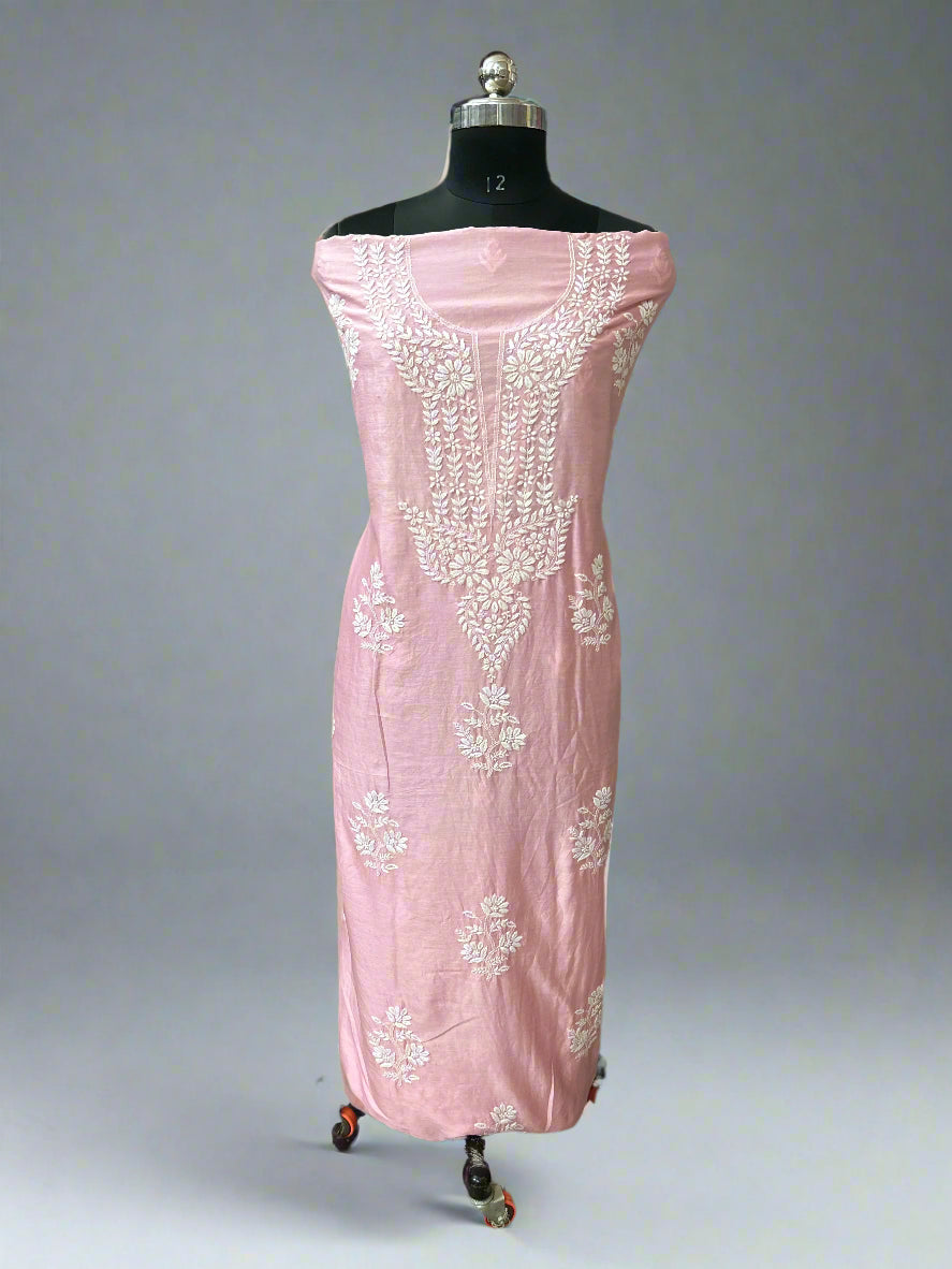 Lucknowi Chikankari Unstitched Pink Chanderi Kurta-Dupatta Fabric-PG400056