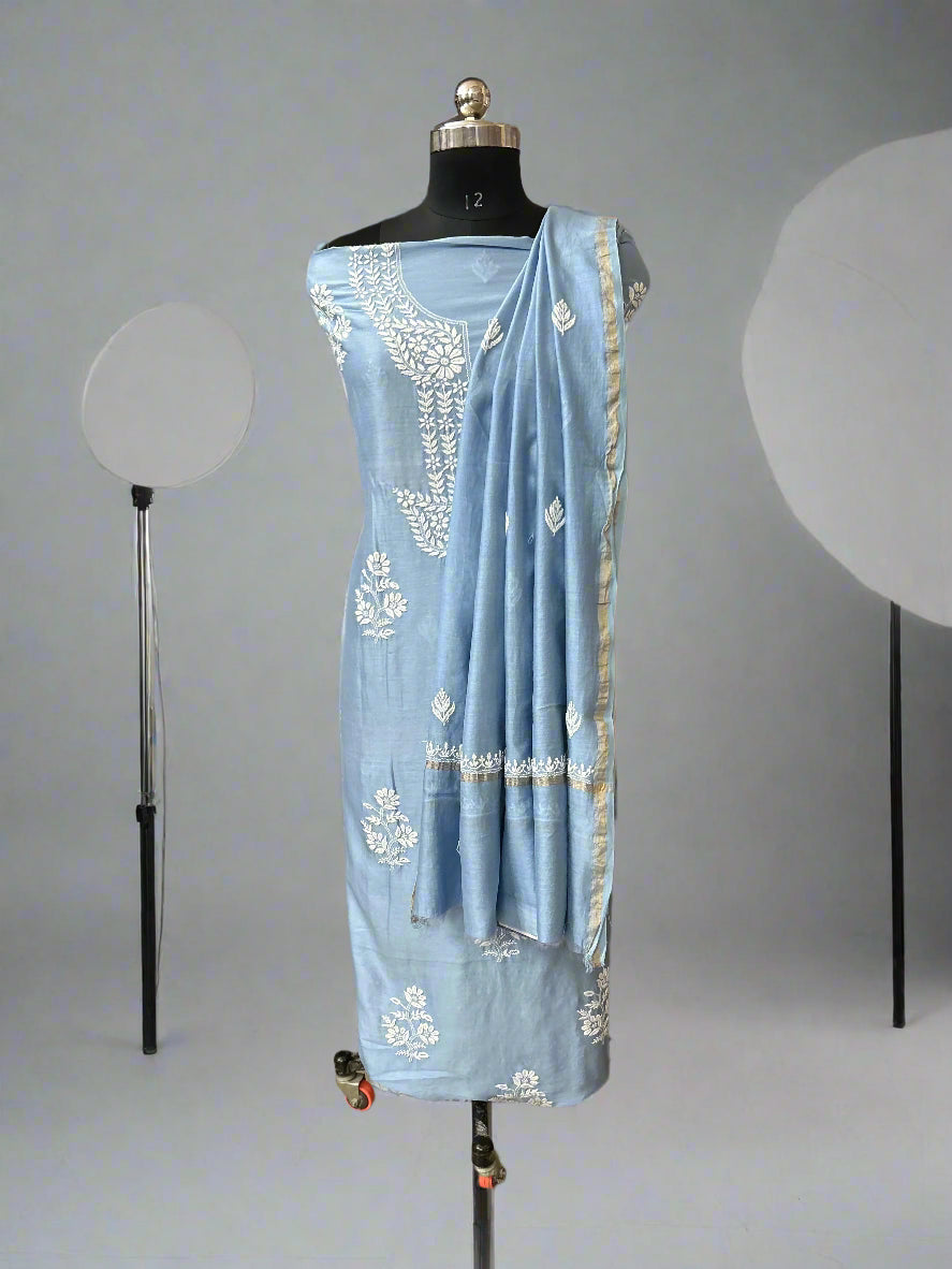 Lucknowi Chikankari Unstitched Blue Chanderi Kurta-Dupatta Fabric-PG400054