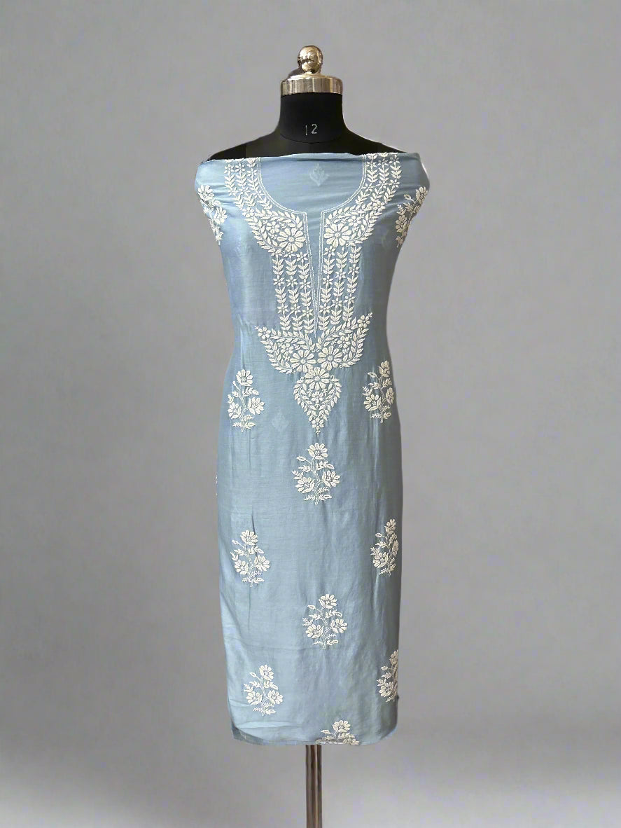 Lucknowi Chikankari Unstitched Blue Chanderi Kurta-Dupatta Fabric-PG400054
